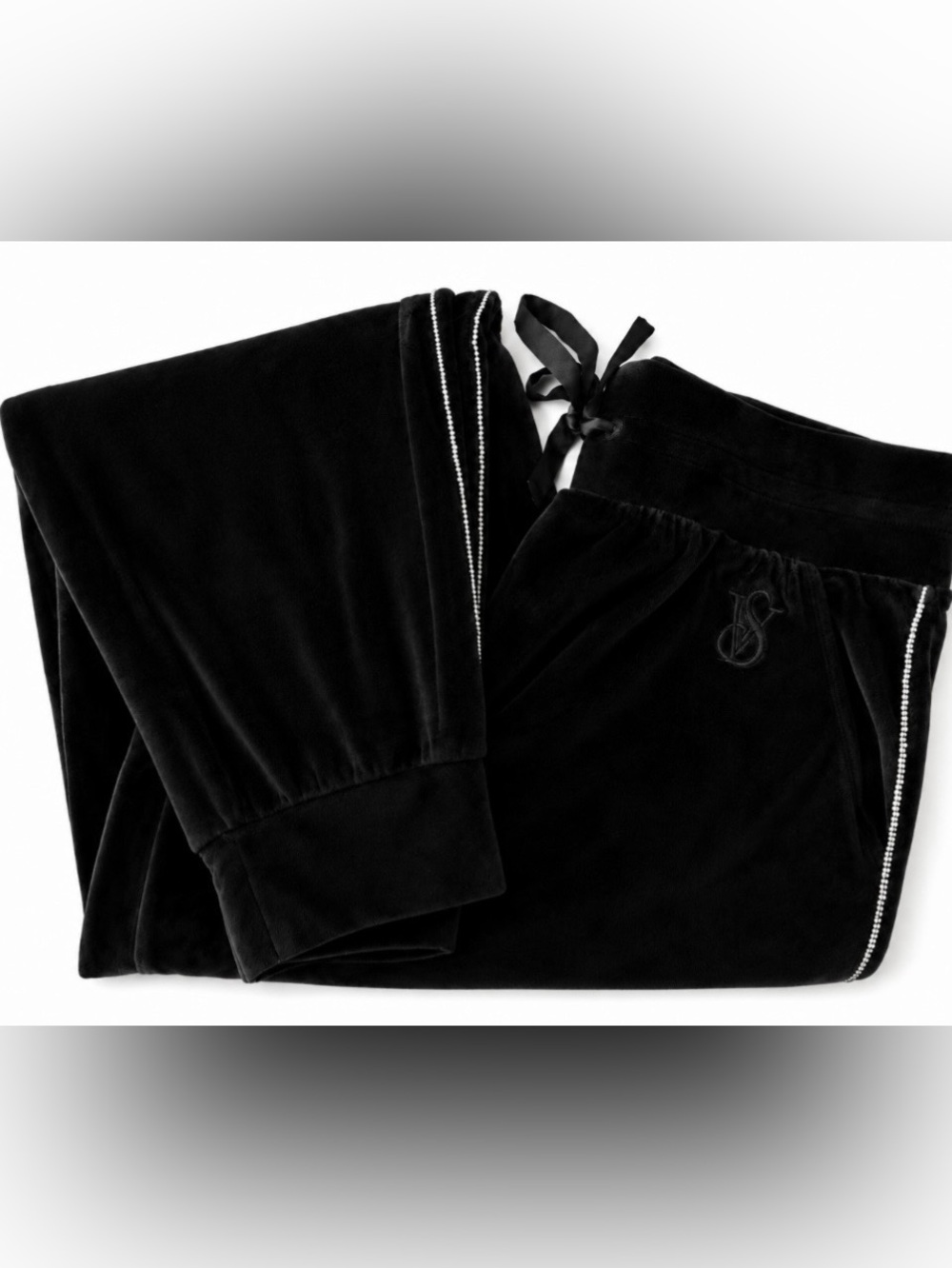 Victoria's Secret Black Velour Joggers with Rhinestone Side Trim Front VS Logo L